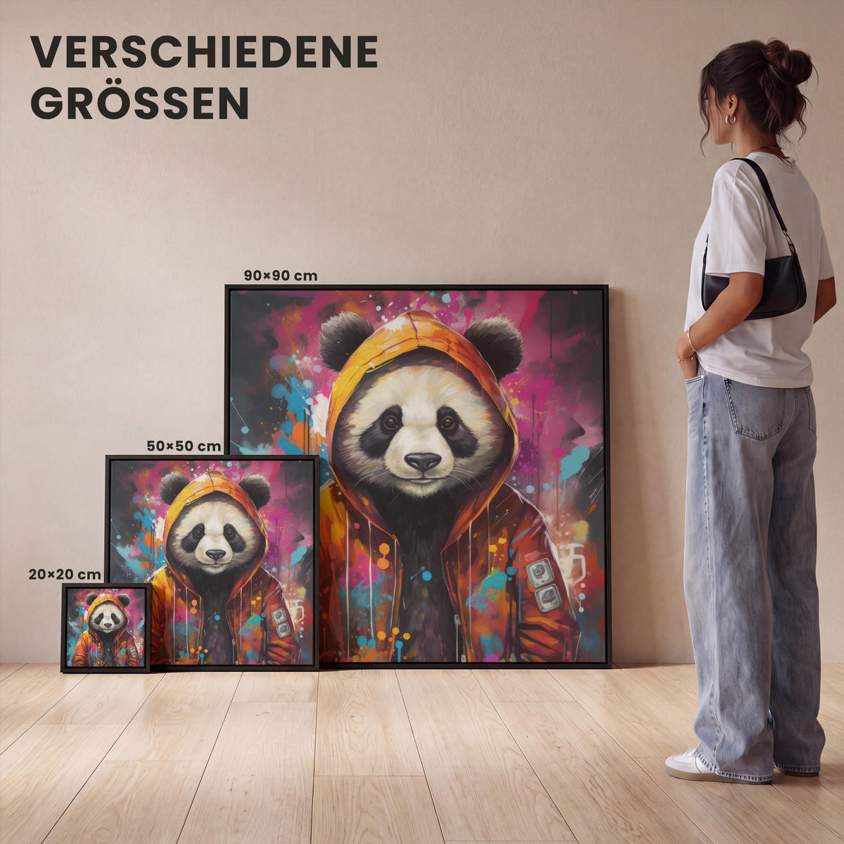 LEINWAND Bilder mit Rahmen - Panda - Jacke - Graffiti - Orange - 50x50 - Orange, Textil (50/50cm) - MuchoWow