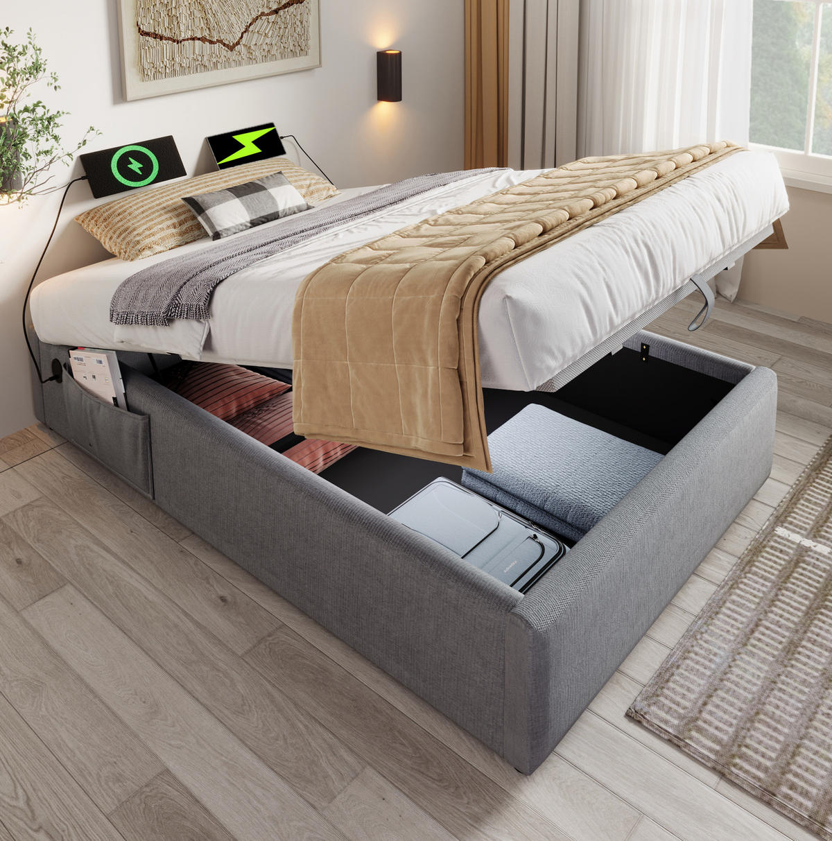 BETT mit Stauraum 90x200 cm Grau USB/Type-C - Grau, Metall (90/200cm) - Meubliv