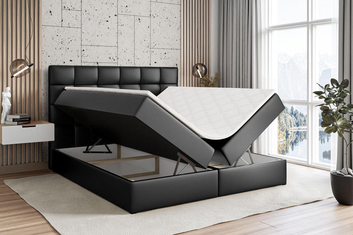 BOXBETT mit H4-Matratze und Lattenrost - BRUGO - 140x200 Schwarz Hochglanz - Schwarz Hochglanz, Holzwerkstoff (140/200cm) - ALTDECOR