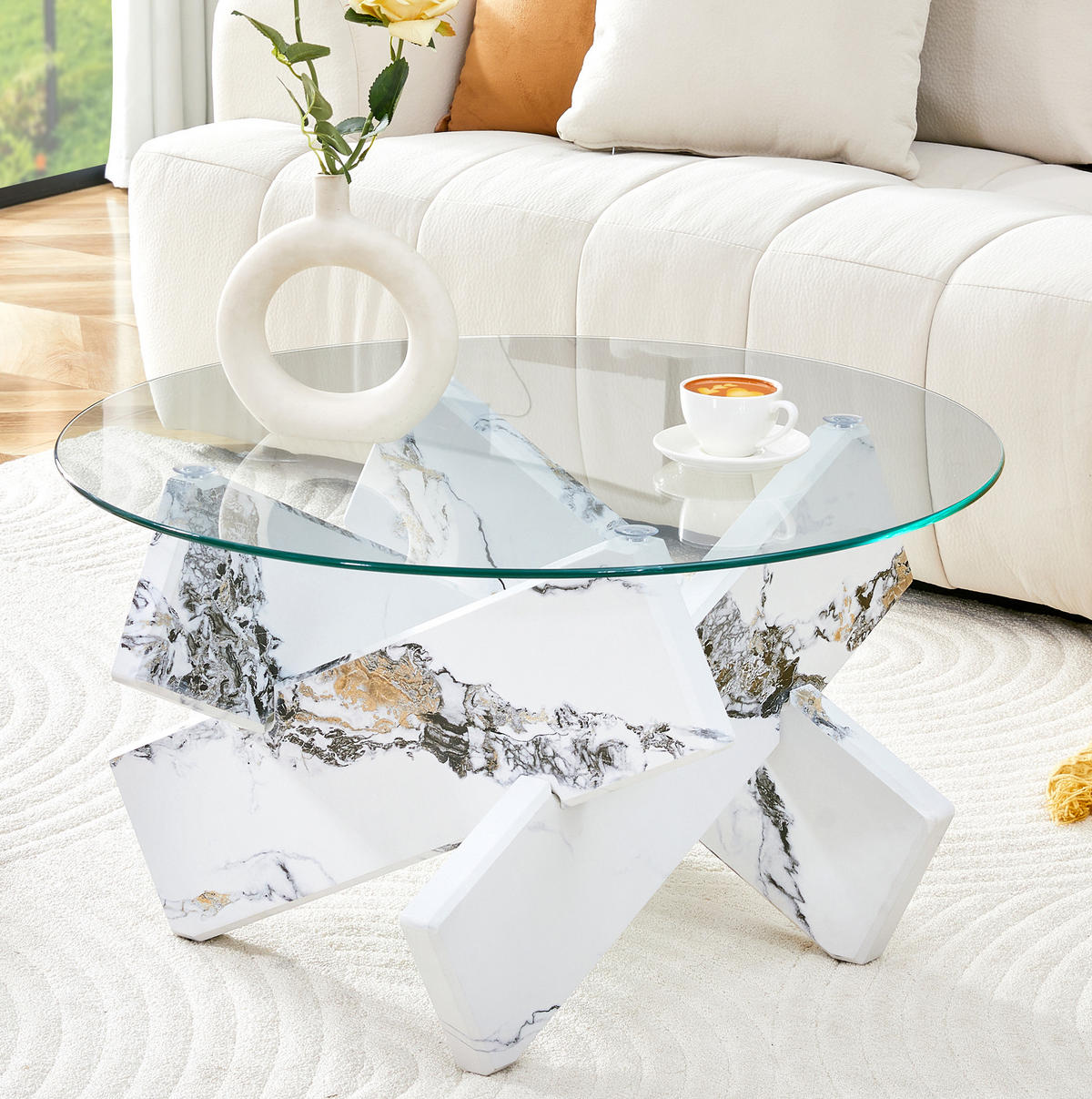 COUCHTISCH 79/45 cm aus Glas und MDF in Weiß mit Marmordekor - Klar, Holzwerkstoff (79/79/45cm) - Flora Grace
