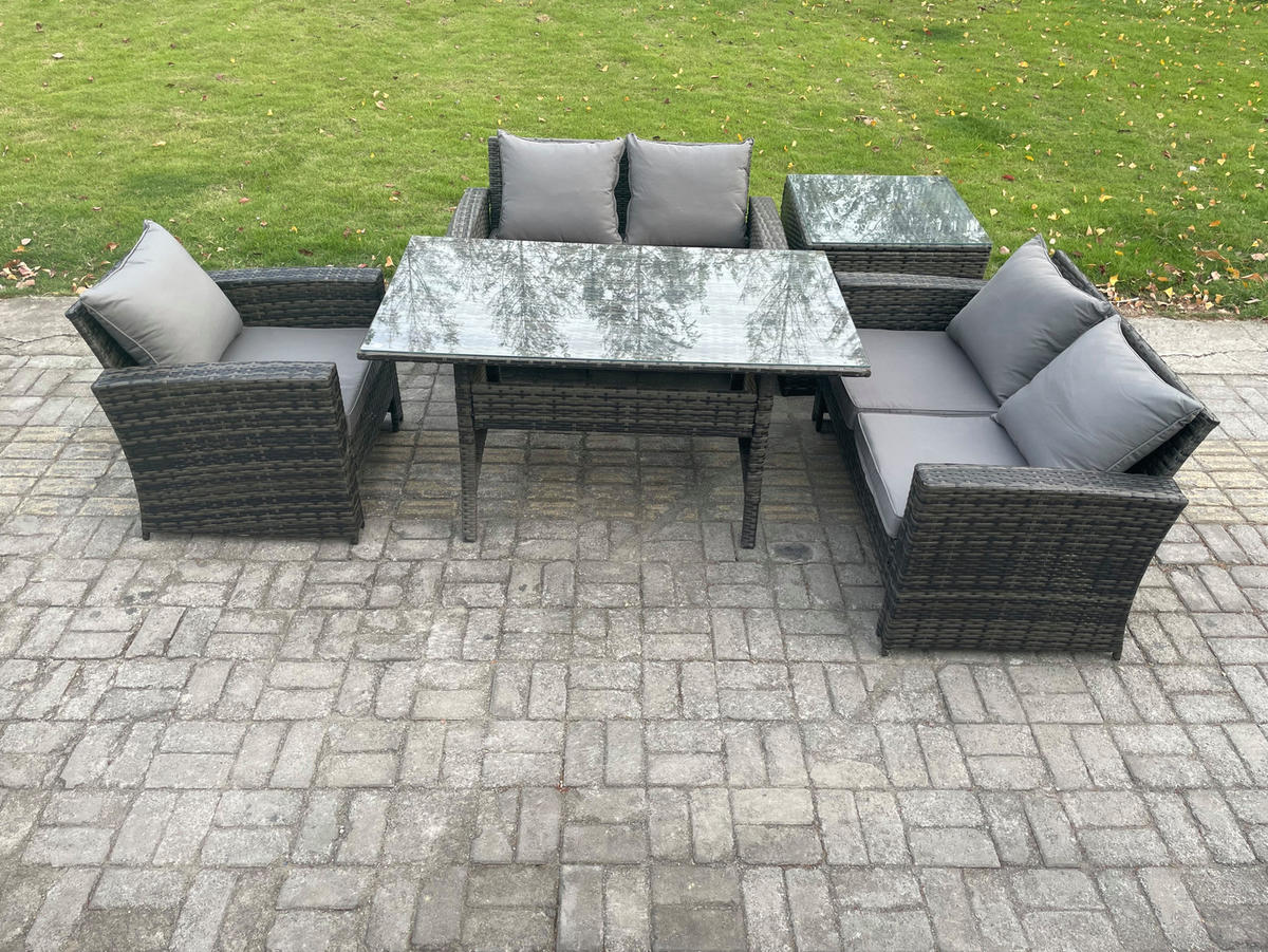 GARTENMÖBELSET mit 2-Sitzer Sofa,3 Hockern,Esstisch,2 Beistelltischen Polyrattan Dunkelgrau 5-Sitzer - Dunkelgrau/Grau, Glas/Kunststoff - Fimous