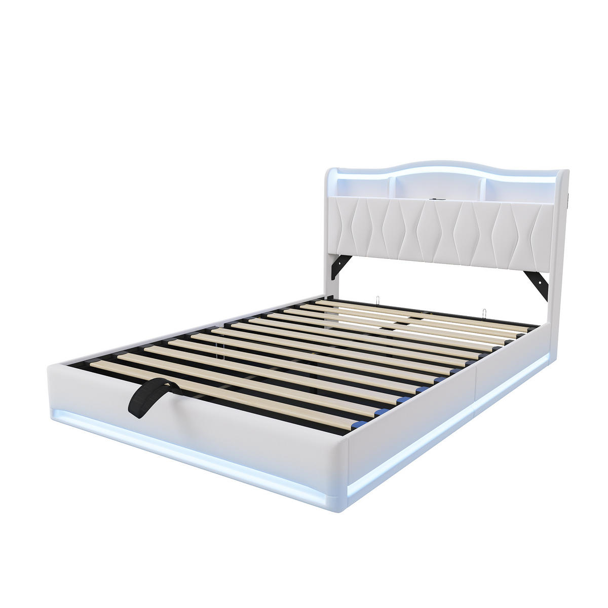 POLSTERBETT 160/200 cm mit Stauraum-Bettkasten, Ablagekopfteil, doppeltem mehrfarbigem LED-Licht an Kopf- und Fußseite, USB-Ladeanschluss - Beige, Holz/Metall (160/200cm) - Joyfair