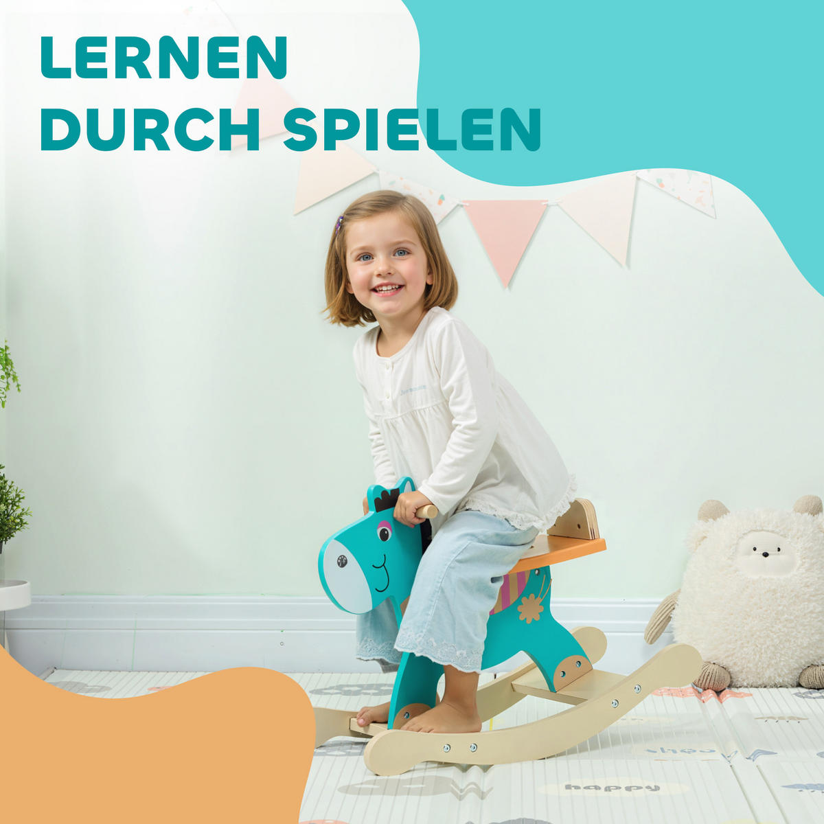 SCHAUKELTIER Esel Baby Schaukelspielzeug mit Haltegriffen Schaukel Blaugrün - Dunkelgrün, Holzwerkstoff (27/43/59cm) - AIYAPLAY