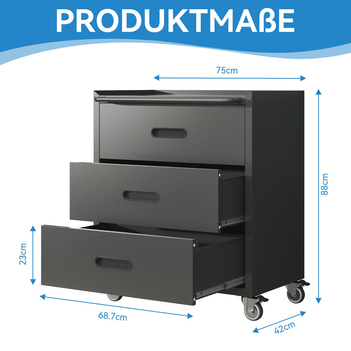 KOMBIMÖBEL – 3 Schubladen, 75 × 42 × 88 cm, Schwarz/Grau - Schwarz, Metall (42/88.01/75.01cm) - DCA