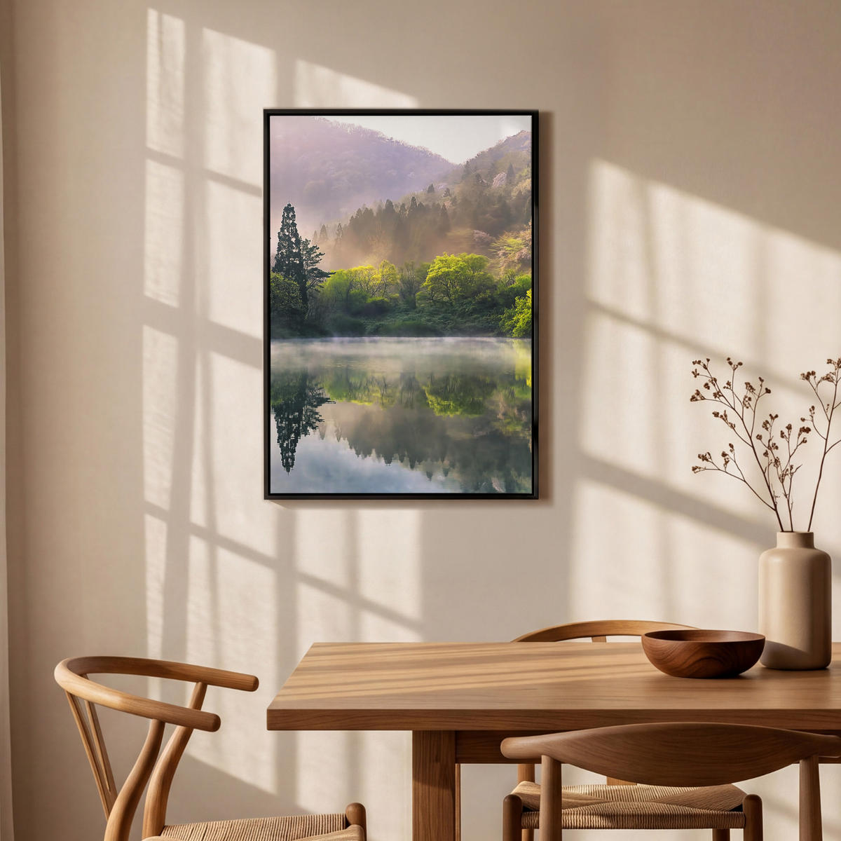 LEINWAND Bilder mit Rahmen - Natur - Bäume - Berge - See - Wasser - 60x90 - Hellgrün, Textil (60/90cm) - MuchoWow