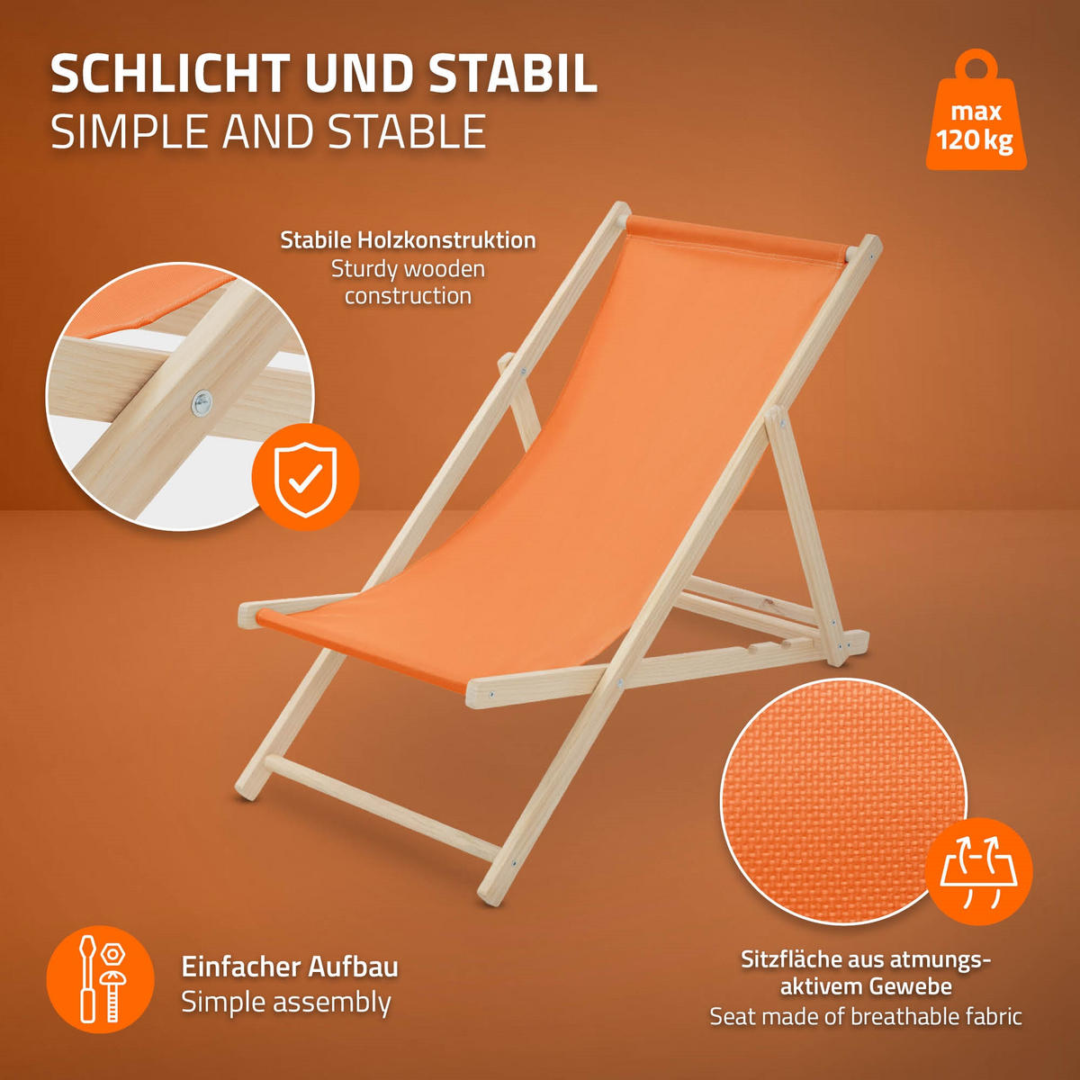 LIEGESTUHL Orange - Orange, Holz (57.5/83/100cm) - ECD-Germany