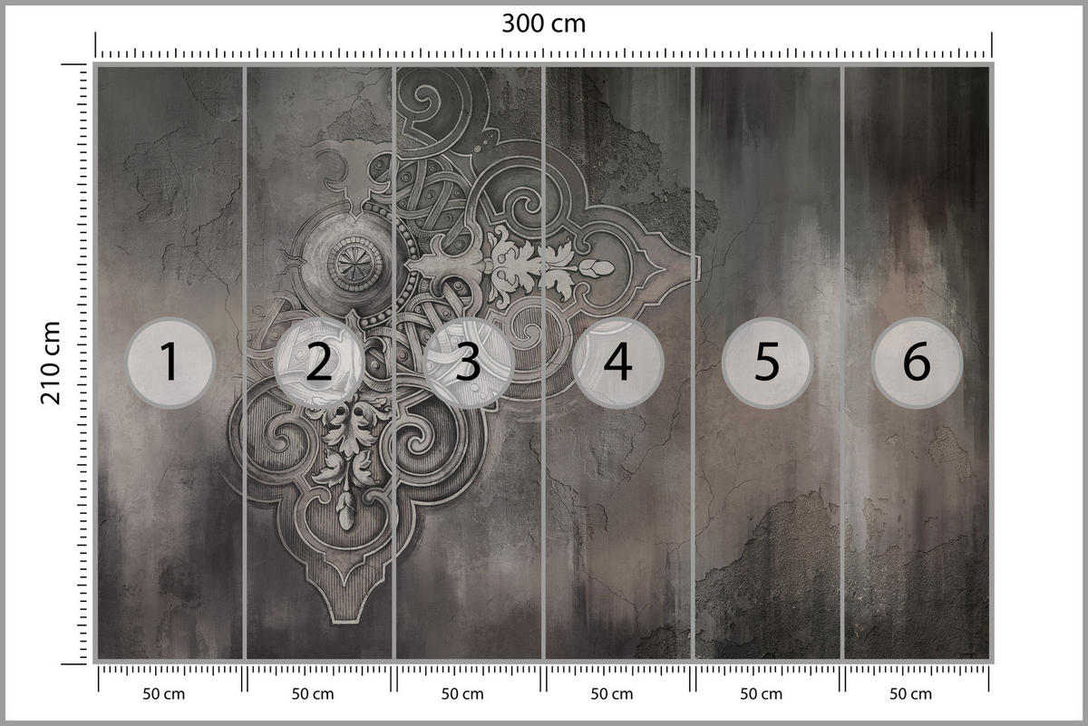 FOTOTAPETE für Wohnzimmer Retro Ornament Betonwand 300x210 - Schwarz/Braun, Papier (300/210cm) - Muralo