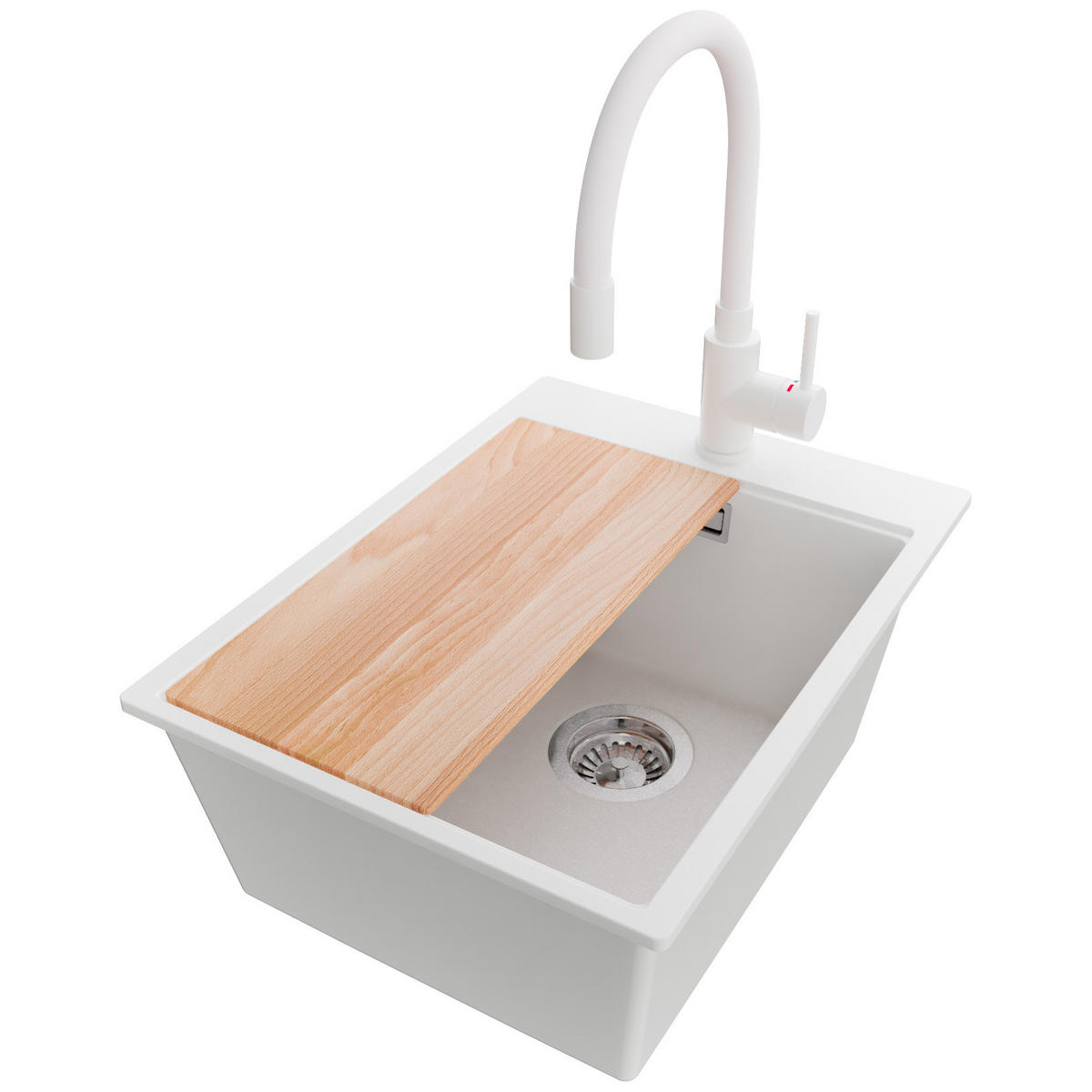 GRANITSPÜLE Oslo, 2-er set Weiß 38/50 cm 1 Becken + Küchenarmatur 38/14 cm + Ablauf-Set + Schneidebrett ab 40er Unterschrank - Chromfarben/Beige, Kunststoff (38/20/50cm) - Primagran