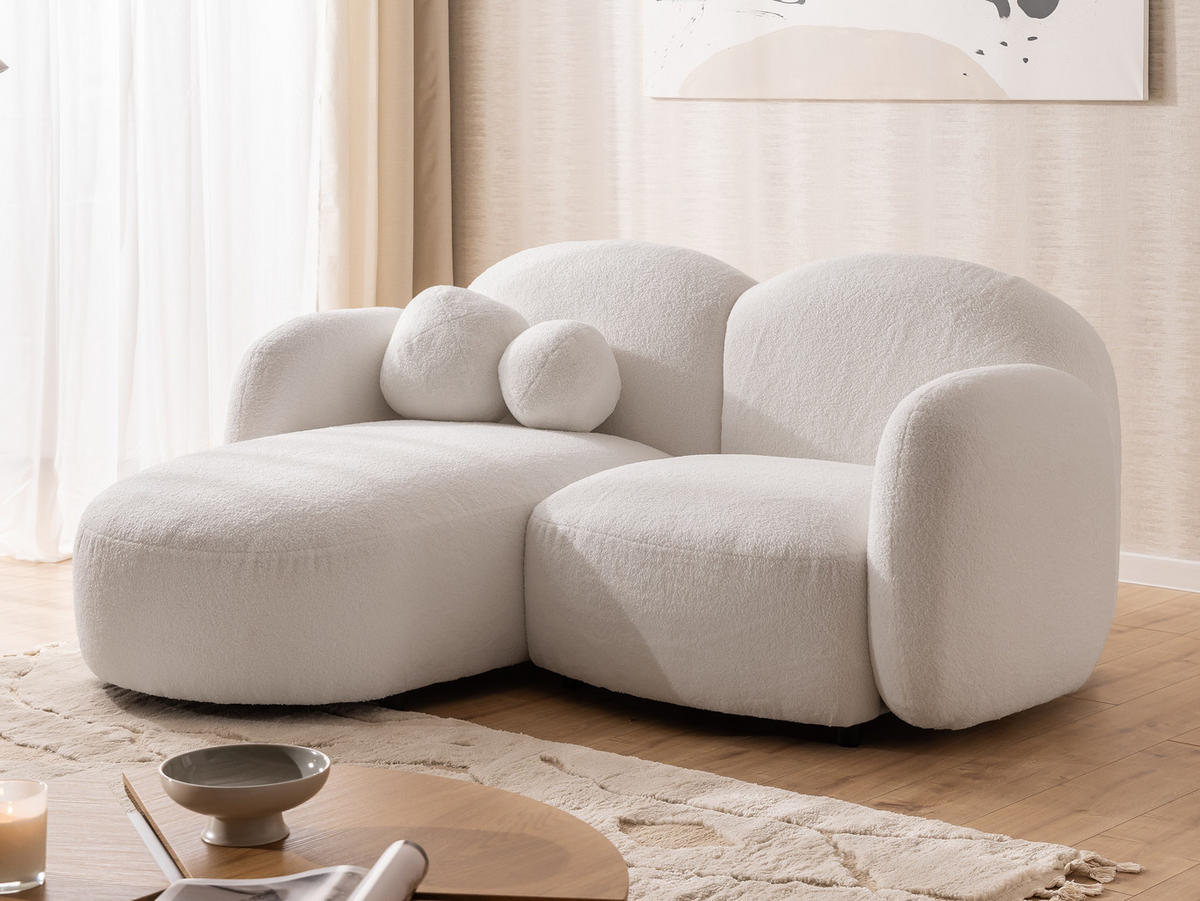 ECKSOFA Nuvola mit abgerundetem Design Weiß Bouclé-Stoff - Ottomane Links - Schwarz/Weiß, Holz/Kunststoff (190/146cm) - S-Style Möbel
