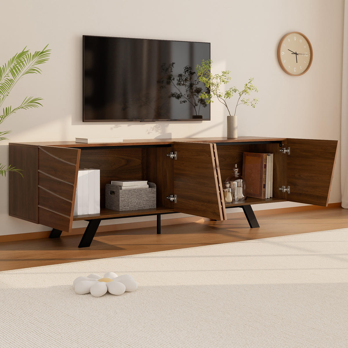 LOWBOARD in Walnussfarben TV-Schrank mit Wellenfront und schwarzen Eisenbeinen für Wohnzimmer, B160/T39/H50.5 cm - Walnussfarben/Schwarz, Holzwerkstoff/Metall (160/50.5/39cm) - STILVORA