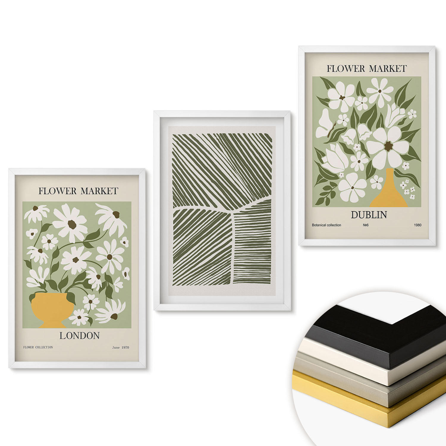 WANDBILDER 3er-Set - 40x60 cm Weißer Rahmen - Blumenmuster London Dublin - Weiß, Kunststoff (40/60cm) - ArtPrintCave