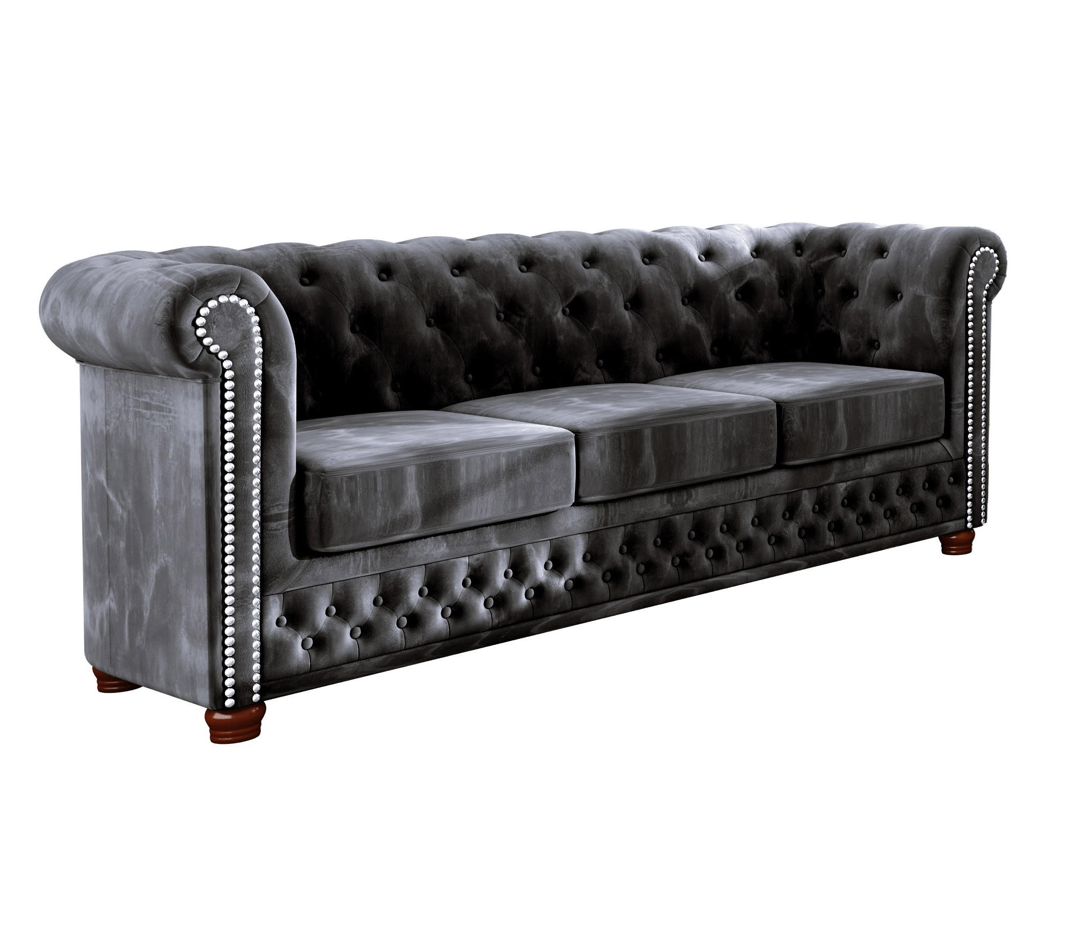 CHESTERFIELD-SOFA 3-sitzer Lauren Schwarz Samt - Schwarz/Braun, Holz/Textil (203/72/86cm) - S-Style Möbel