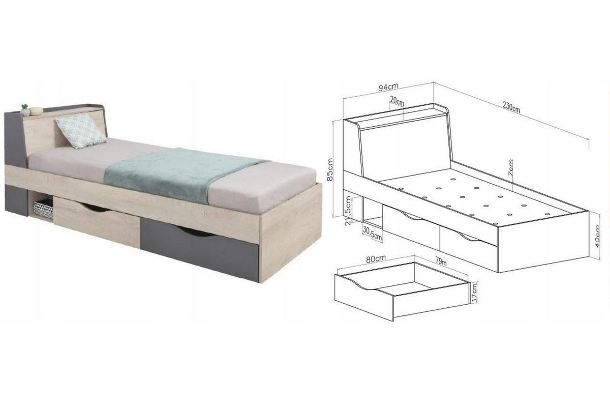 JUGENDBETT DARLA D14 90/200 Eiche/Anthrazit - Anthrazit/Sonoma Eiche, Holzwerkstoff (90/200cm) - Deine Möbel 24