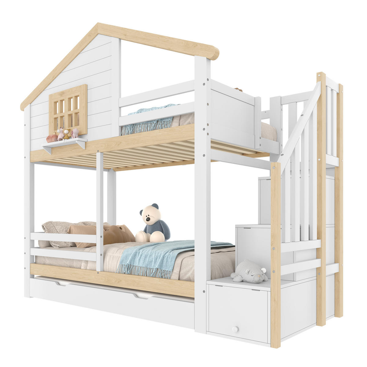 ETAGENBETT 90x200cm Weiß + Natur Ausziehbett Stauraumleiter Fenster - Multicolor, Holz (90/200cm) - FLIEKS