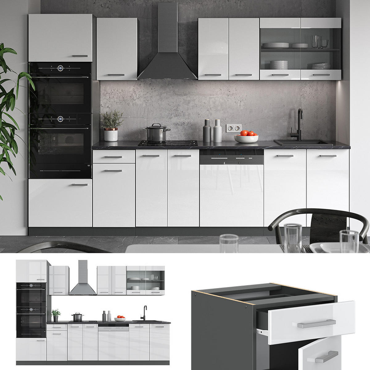 KÜCHENZEILE R-Line Weiß Hochglanz/Anthrazit 300 cm mit Hochschrank ohne AP - Weiß Hochglanz/Anthrazit, Holzwerkstoff (300/81.6/46cm) - Vicco