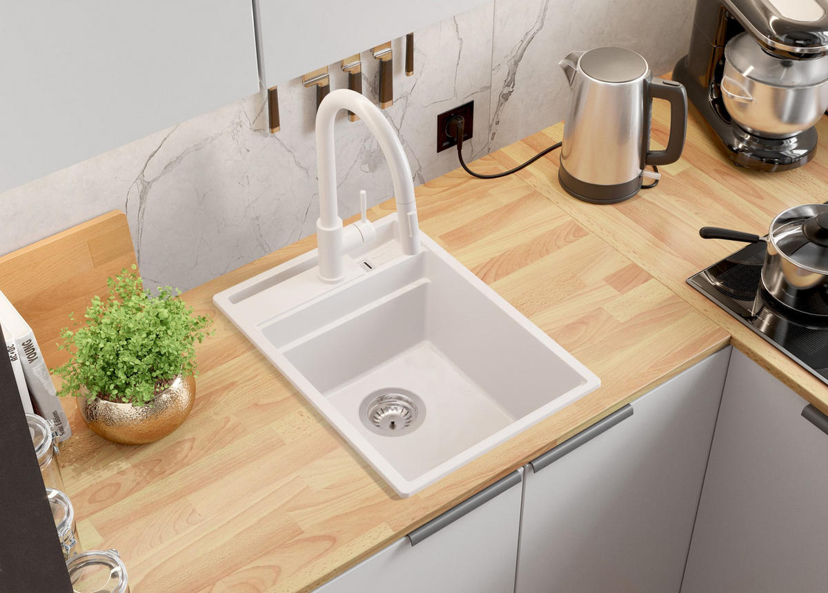 GRANITSPÜLE Oslo Pocket, 2-er set Weiß 38/53 cm 1 Becken + Küchenarmatur 40/20 cm + Ablauf-Set + Küchenzubehörset ab 40er Unterschrank - Chromfarben/Beige, Kunststoff (38/20/53cm) - Primagran