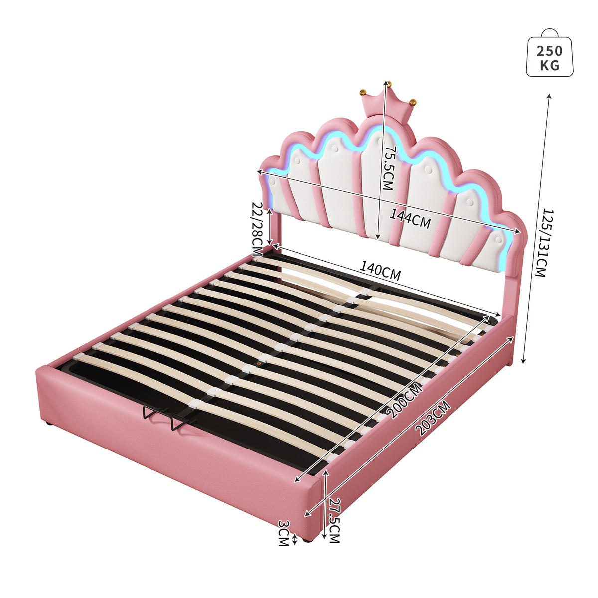 FLACHBETT 140x200cm Rosa Polsterbett Prinzessinnenbett LED Kronenleiste - Pink, Holz (140/200cm) - FLIEKS