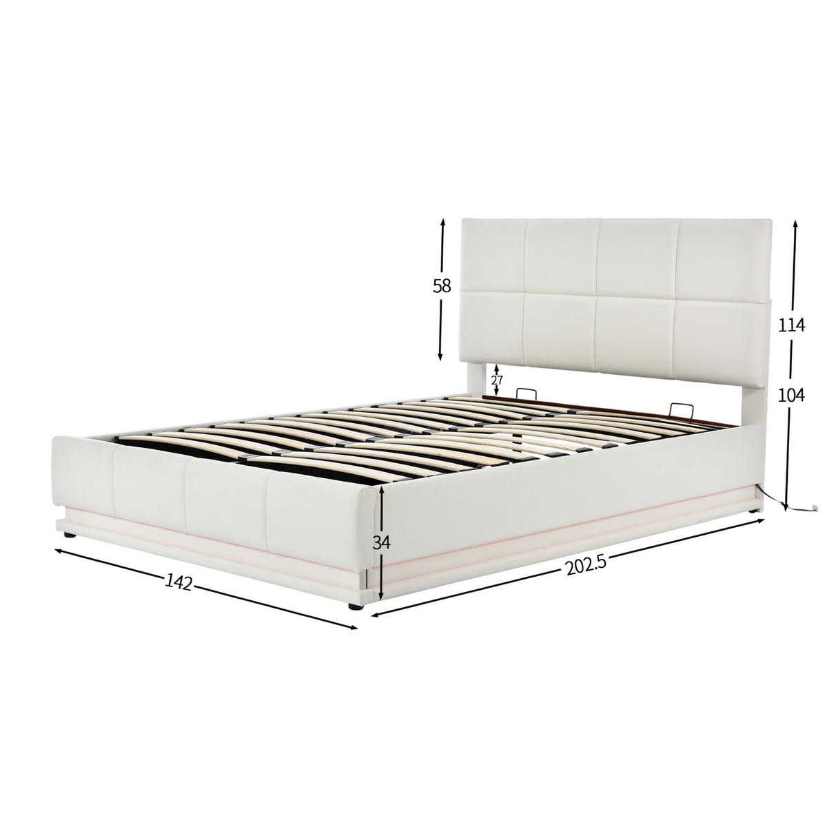 POLSTERBETT 140/200 cm Weiß mit LED-Beleuchtung und hydraulischem Bettkasten - Weiß, Textil (140/200cm) - OKWISH