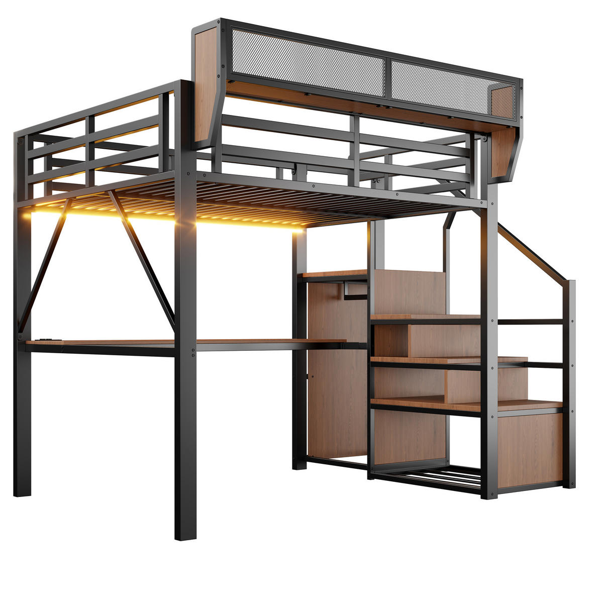 HOCHBETT 140/200 cm aus Metall mit Schreibtisch und LED, Schwarz - Schwarz, Metall (140/200cm) - OKMYHOME
