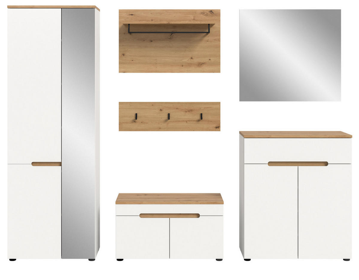 GARDEROBEN-SET weiß, Eiche Artisan 6-teilig, Komplett-Set mit Soft-Close - Weiß, Glas/Holzwerkstoff (255/190/37cm) - Inn.Furn