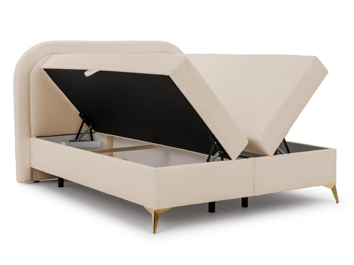 BOXBETT Sonna 180/200 cm Hellbeige Bouclé-Stoff mit abgerundetem Kopfteil und mit goldenen Metallfüßen - Beige/Goldfarben, Holz/Textil (180/200cm) - S-Style Möbel