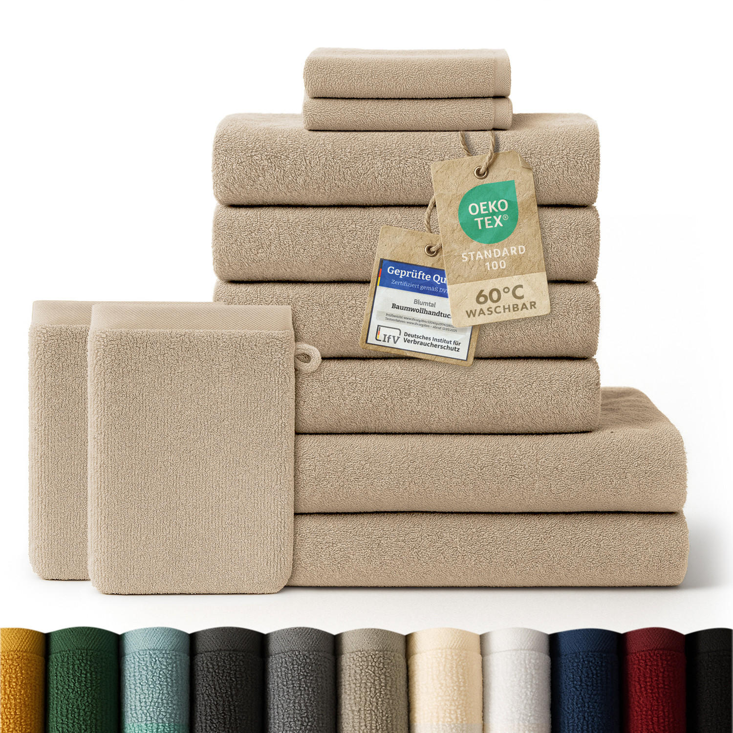 HANDTUCH 8-teilig, 2x Badetuch 70/140 + 4x Handtuch 50/100 + 2x Gästetuch 30/30 + 2x Waschlappen 15/20 cm, Taupe - Taupe, Textil (70/140cm) - Blumtal