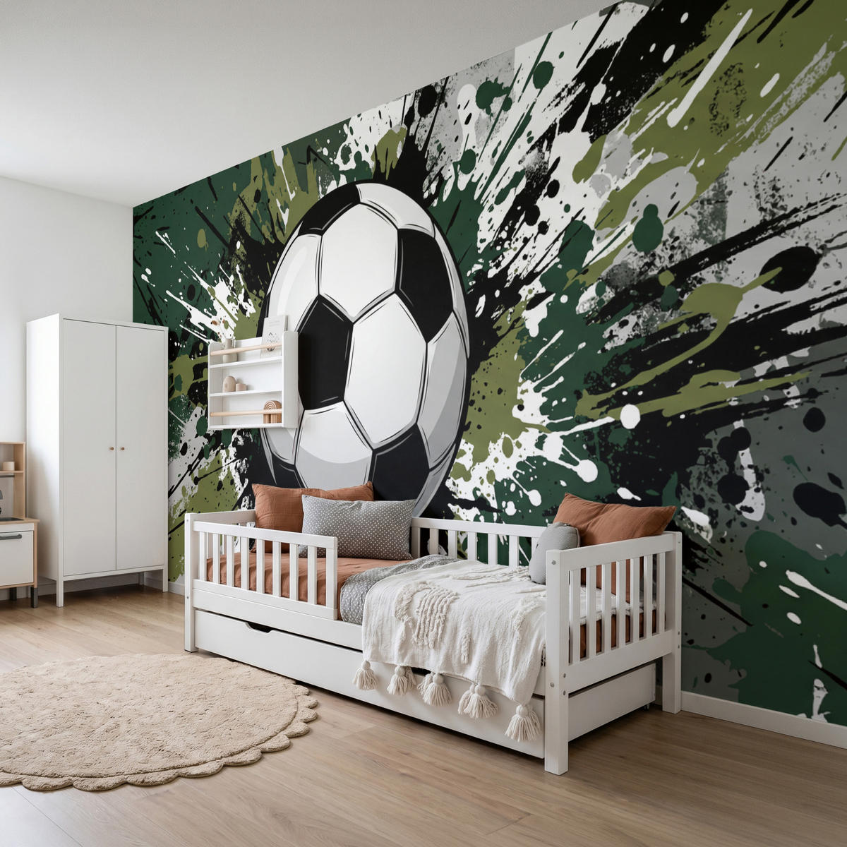 KINDERTAPETE - Fußball - Farbe - Spritzer - Grün - 400x200 cm - Dunkelgrün, Papier (400/200cm) - OnlyWow
