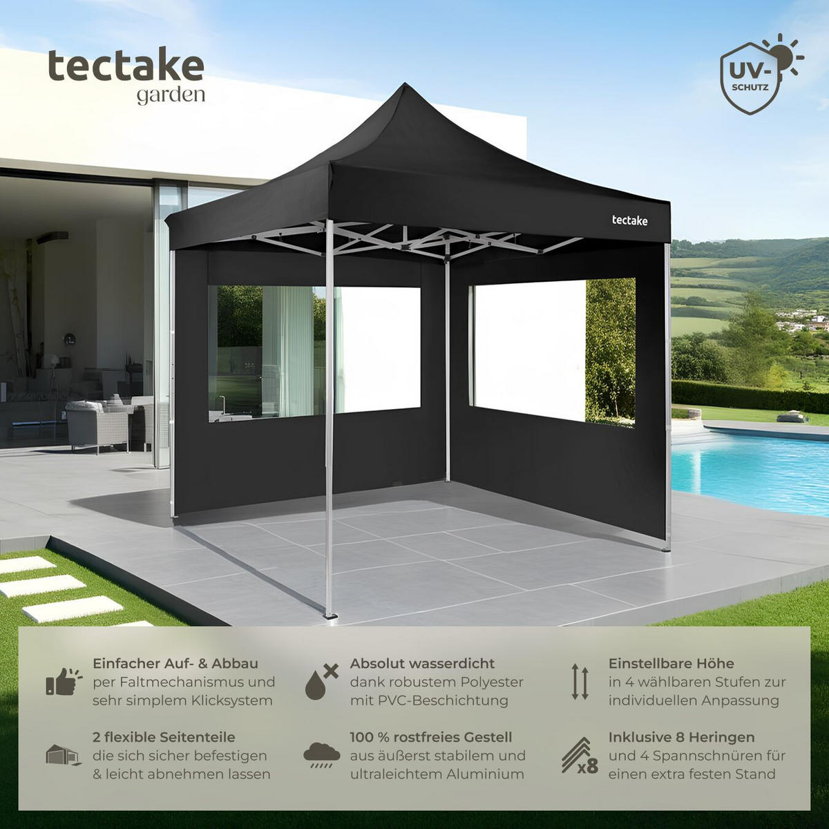 PAVILLION aus Aluminium Olivia, inklusive Spannseilen, Heringen und Tragetasche, schwarz - Schwarz, Kunststoff (300/280/300cm) - tectake