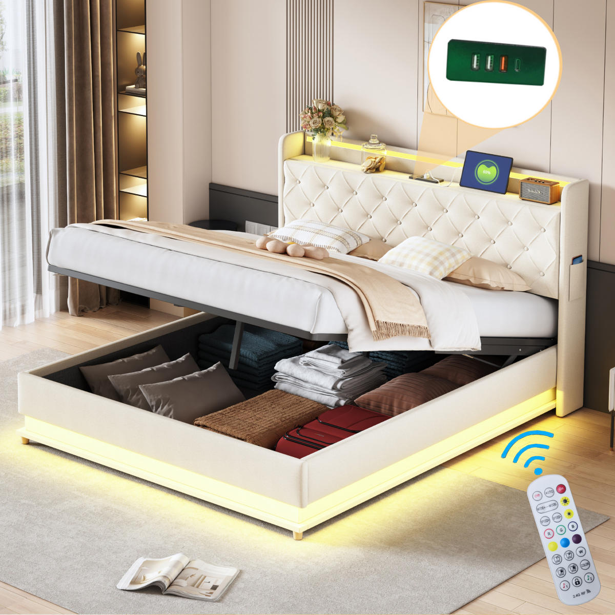 POLSTERBETT 160/200 cm in Beige Leinen mit Bettkasten, LED und USB - Beige, Holzwerkstoff/Textil (160/200cm) - WISHDOR