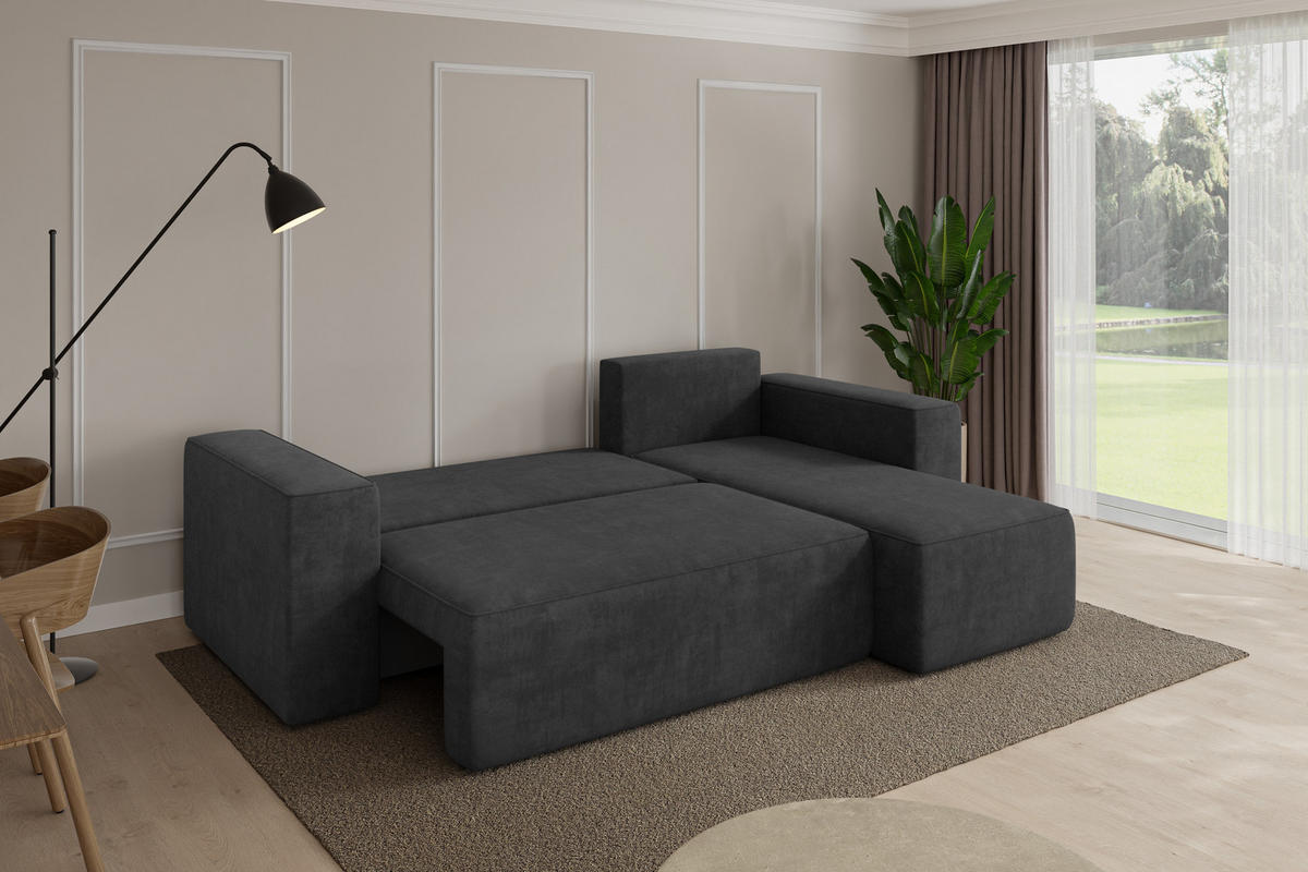 ROHOVÁ SEDAČKA s funkcí spaní, otoman vpravo SENO-L 249x139x85 tmavě šedá velur - černá/antracitová, kompozitní dřevo/textil (249/139cm) - ALTDECOR