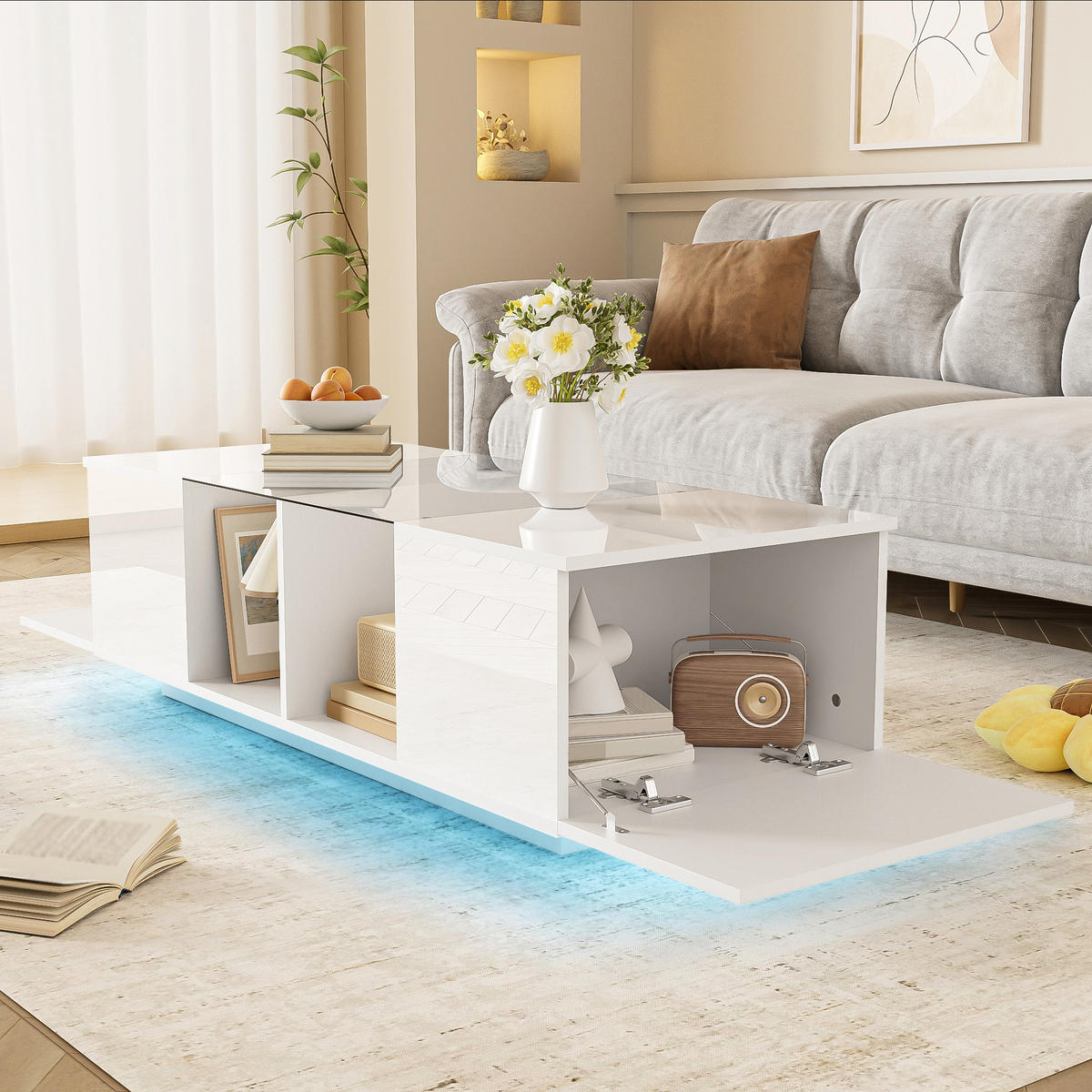 COUCHTISCH 120/50/38,5 cm Weiß Hochglanz mit LED-Beleuchtung - Weiß, Holzwerkstoff (120/50/38.5cm) - Korfee