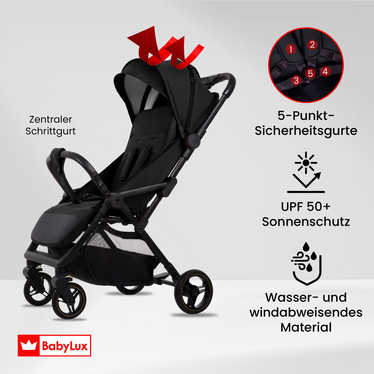 BUGGY Giau, Klein und Leicht, Teleskopische Führung, Kompakt Faltbar, Wickeltasche, Reisetasche - Schwarz, Textil/Metall (58/98cm) - BabyLux