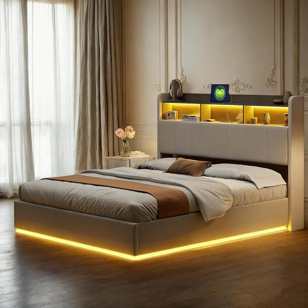 DOPPELBETT 160x200 Weiß Samt Stauraum LED Streifen - Weiß, Metall (160/200cm) - SHOPENTRA