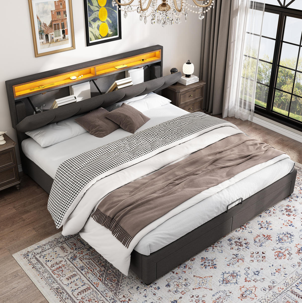 ČALÚNENÁ posteľ z ocele a ľanu 160x200 cm tmavosivá s LED osvetlením a úložným priestorom - sivá, textil (160/200cm) - Modfu