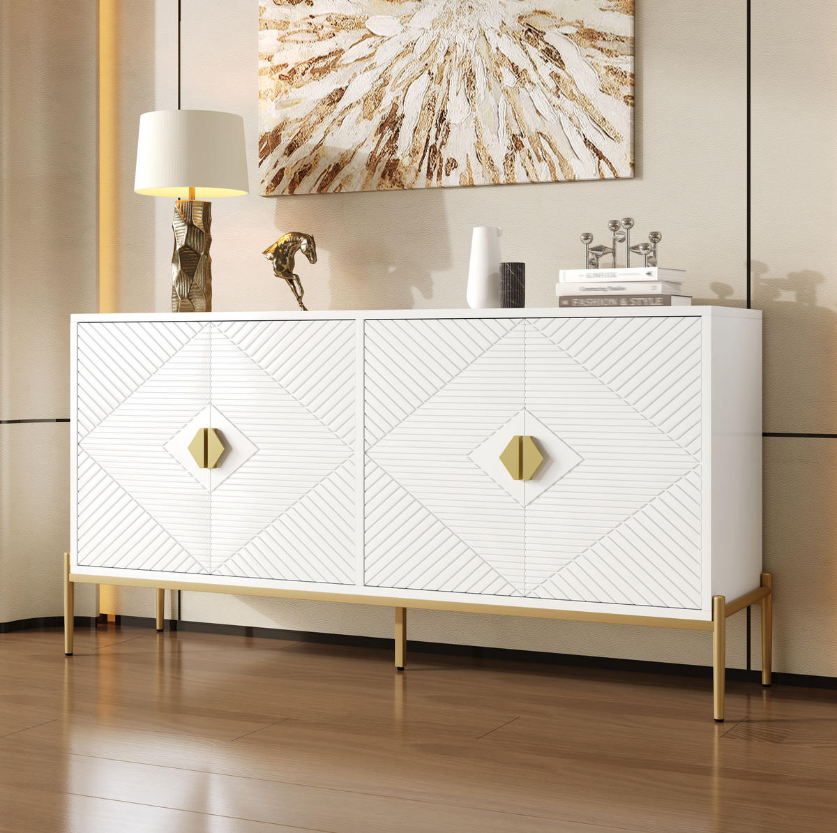 SIDEBOARD 162/40/80 cm in Weiß mit 4 Türen und goldfarbenen Metallbeinen - Weiß, Holzwerkstoff (162/80/40cm) - Flora Grace