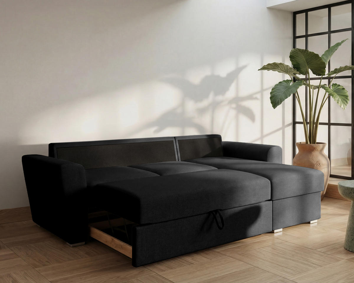 ECKSOFA Bellano Ecksofa L-Form - links oder rechts montierbar, schwarz - Schwarz, Holz (243/156cm) - Homesy