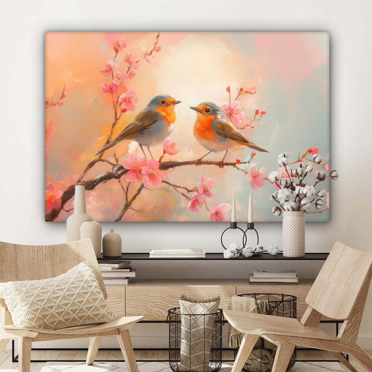 LEINWANDBILD Rotkehlchen - Zierpflanze - Blütenzweig Wohnzimmer Groß 120x80 cm - Hellrosa, Textil (120/80cm) - MuchoWow