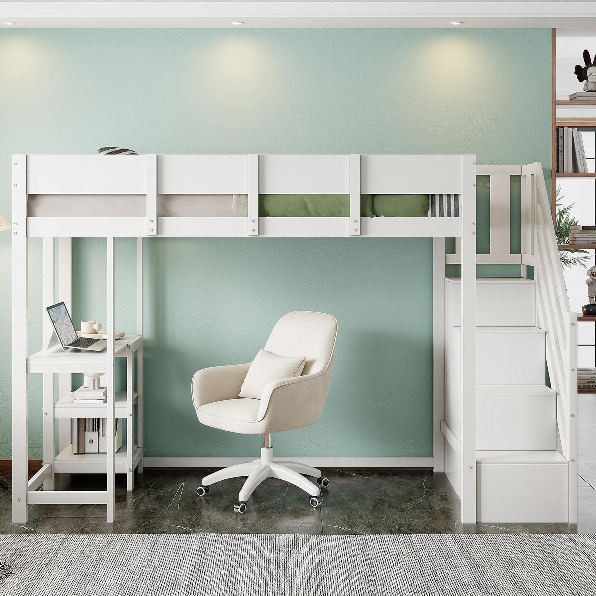 HOCHBETT 90/200 cm aus massivem Kiefernholz mit Stauraum und Ablage - Weiß, Holz (90/200cm) - OKWISH