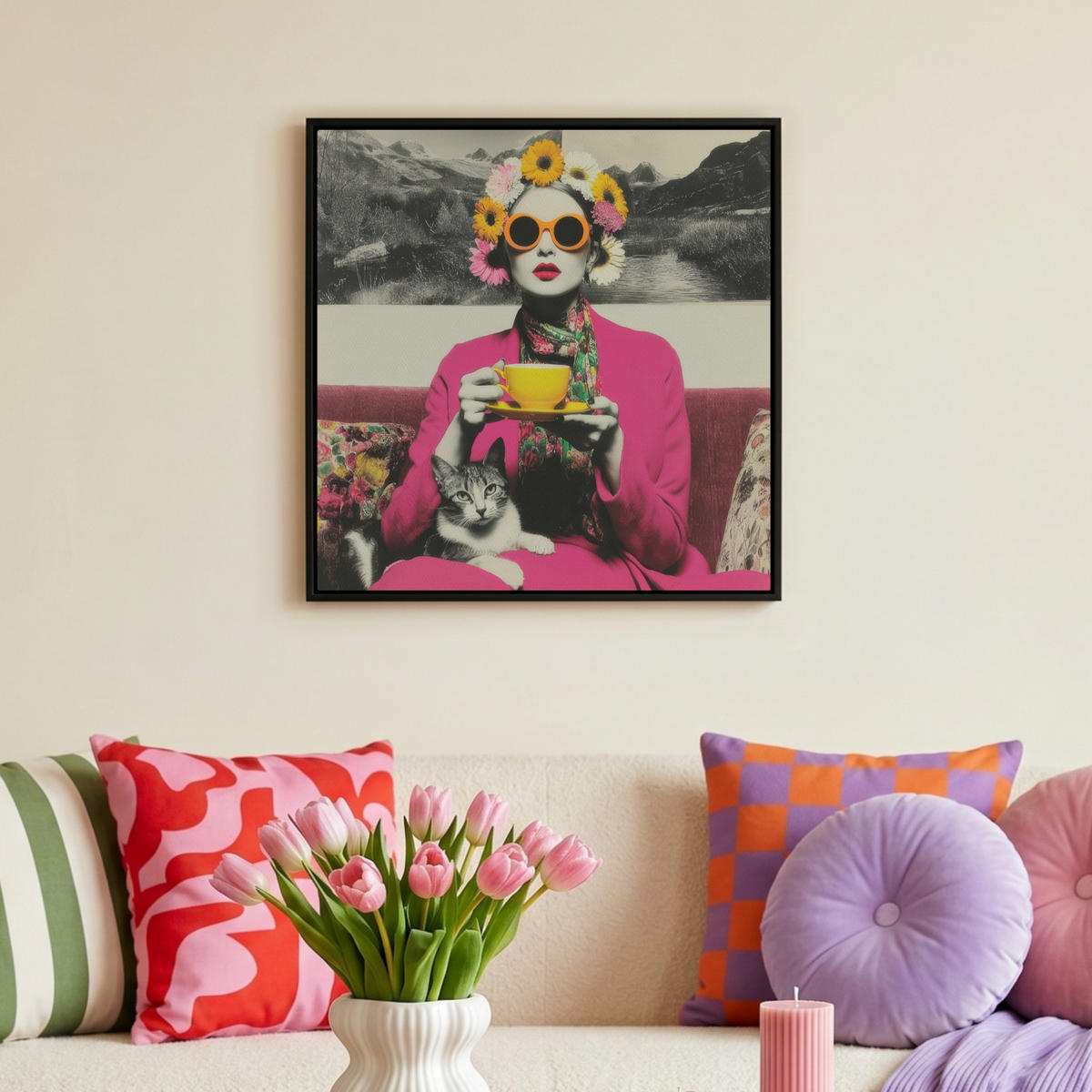 LEINWAND Bilder mit Rahmen - Frau - Katze - Blumen - Tasse - Retro - 50x50 - Magenta, Textil (50/50cm) - MuchoWow