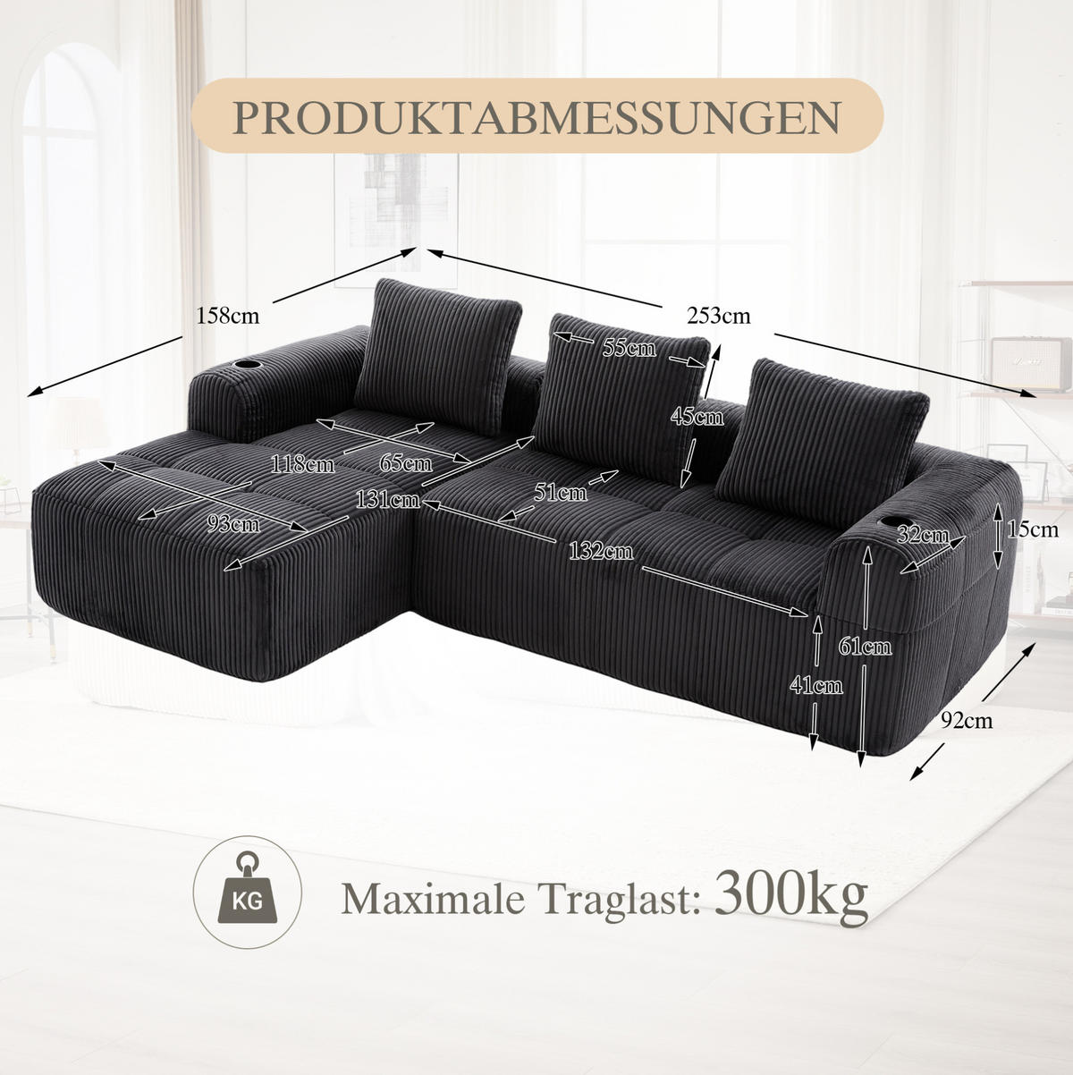 KOMPAKTSOFA Cord mit Modulsystem und Becherhalter 253/158/61 cm Dunkelgrau - Dunkelgrau, Textil (158/253cm) - Redom