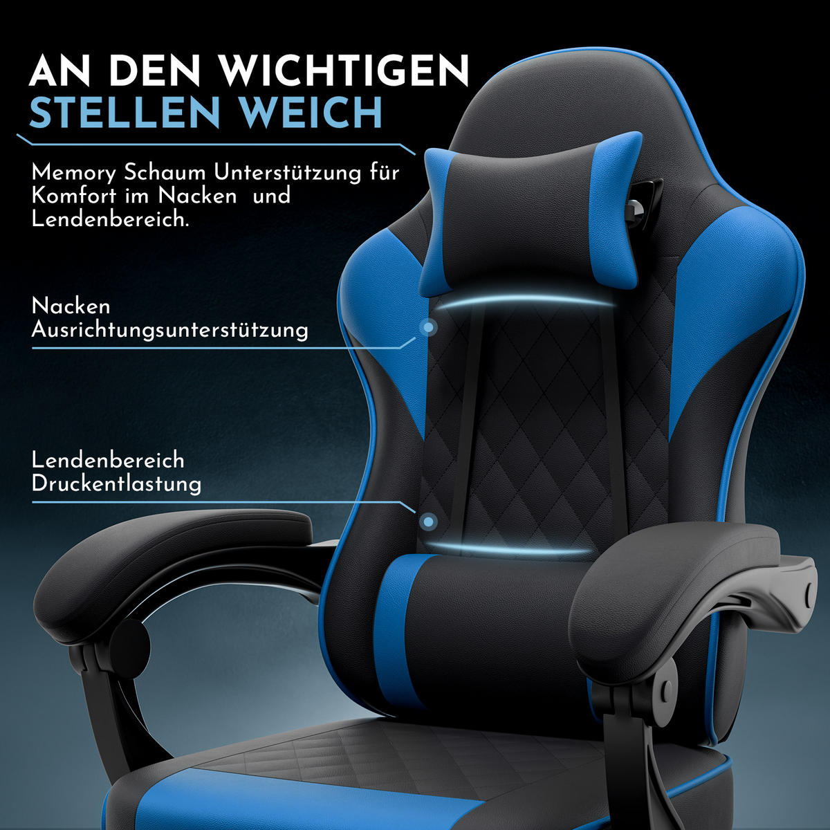 GAMINGSTUHL DE-40998 mit Lordosenstütze und Fußstütze Schwarz/Blau - Blau, Metall (58.5/120.5/63cm) - ComfortXL