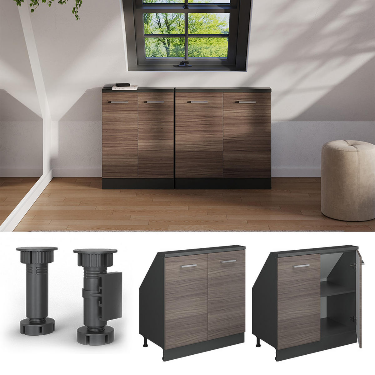 KUCHYŇSKÁ SKŘÍŇKA POD ŠIKMOU STŘECHU R-Line Ušlechtilá šedá/antracitová - šedá/antracitová, kompozitní dřevo (80/81.6/46cm) - Vicco