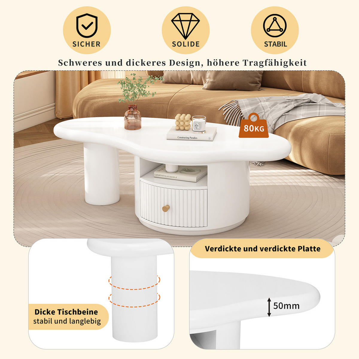 COUCHTISCH 110x60cm Wolkenform Unregelmäßig Kreativ MDF 1 Schublade - Weiß, Holz (118.75/73.15/13.97cm) - FLIEKS