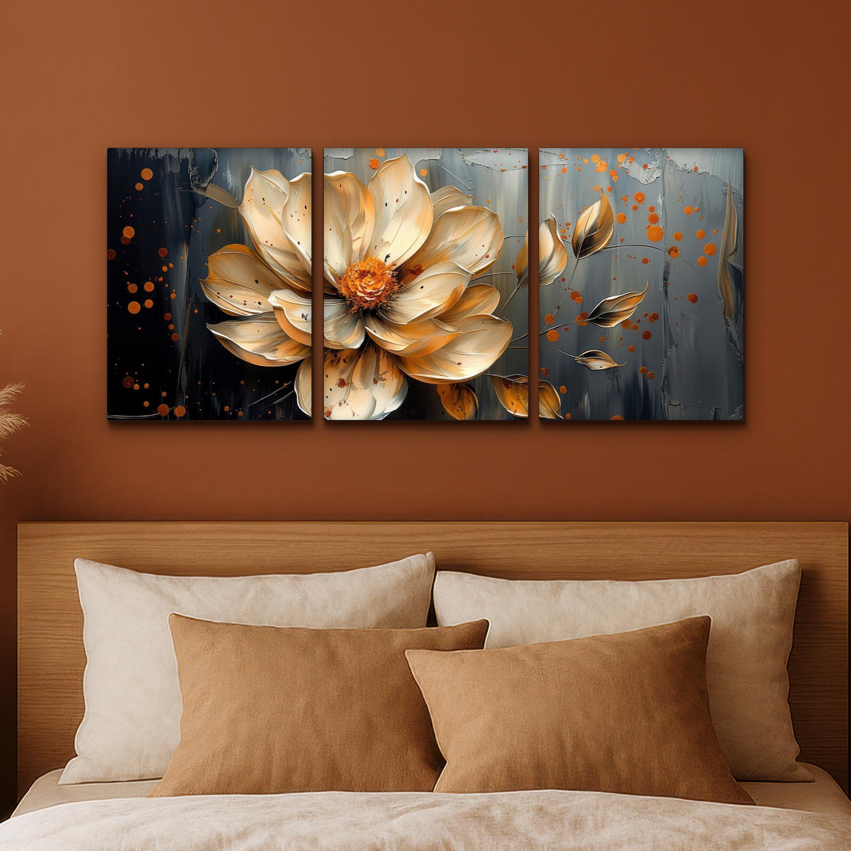 LEINWANDBILD 3er Set Blume - Gold - Abstrakt - Farbe 90x40 cm - Creme, Textil (90/40cm) - MuchoWow