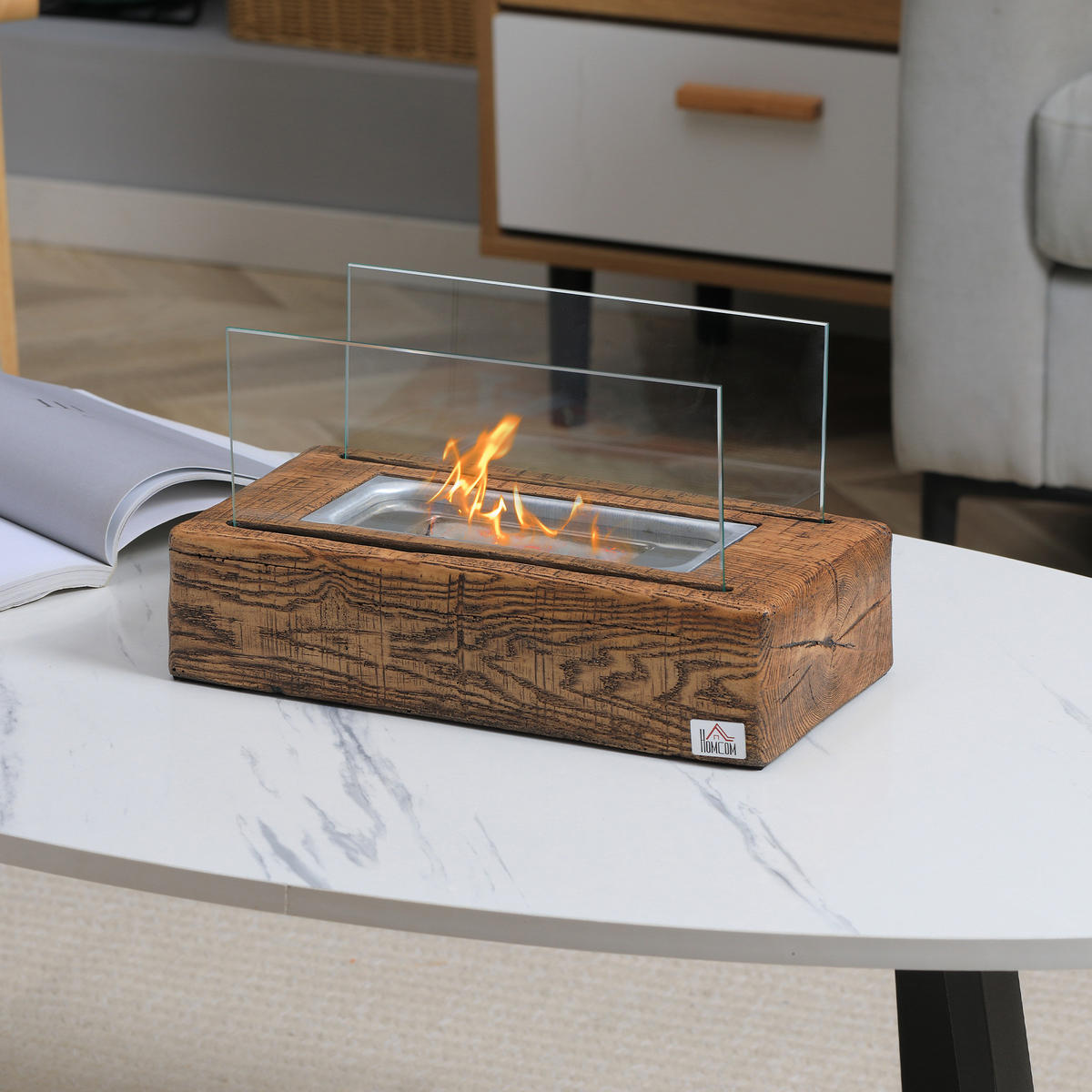 ETHANOL-KAMIN Tischkamin Tischfeuer Bio-Ethanol-Brenner Gehärtetes Glas Natur - Naturfarben, Metall (16/18/33cm) - HOMCOM