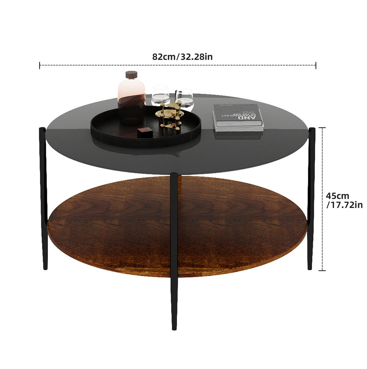 COUCHTISCH Ø 82/45 cm in Schwarz mit Glasplatte und Ablage - Schwarz, Glas (82/82/45cm) - BEAOK