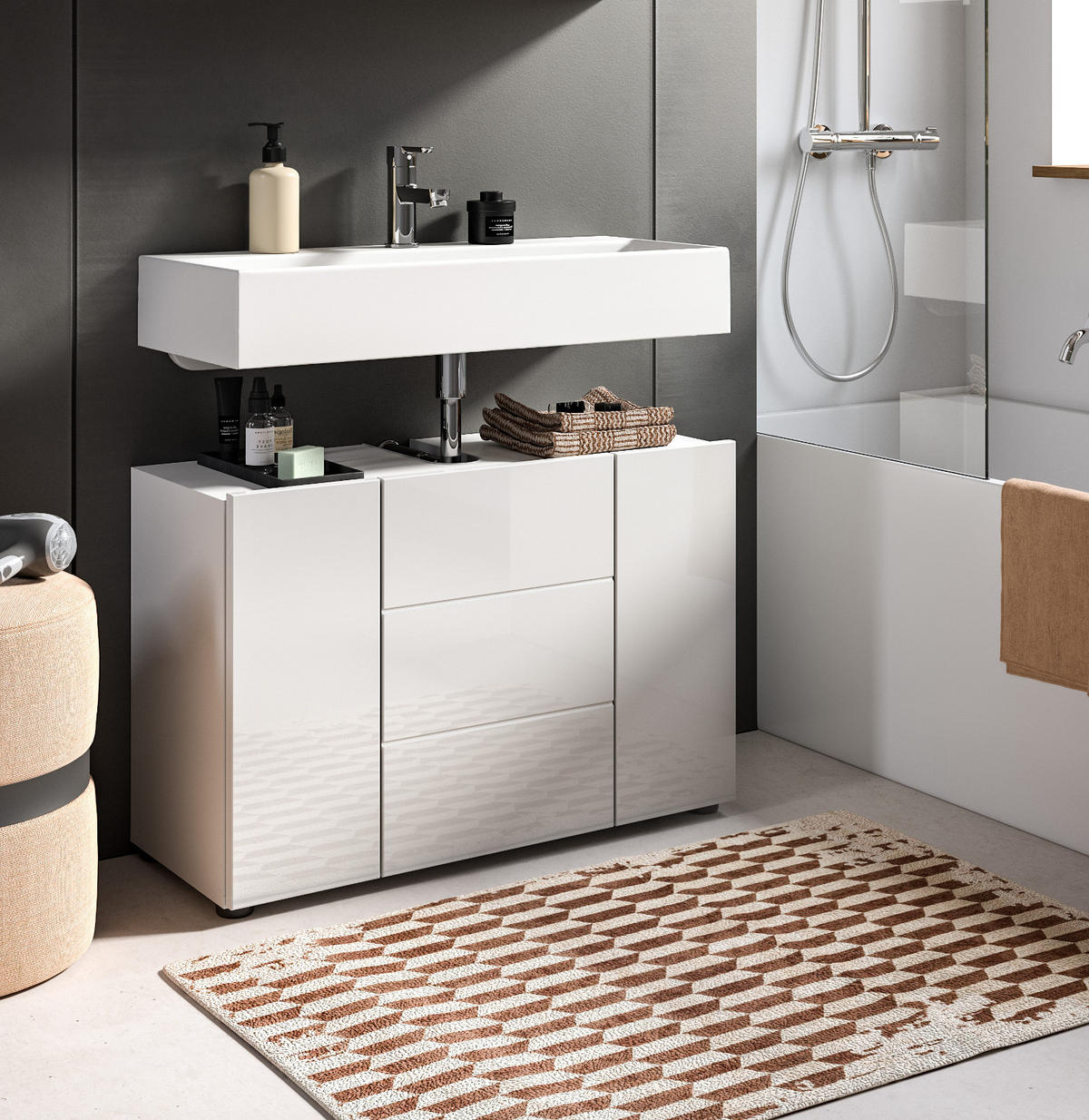 WASCHBECKENUNTERSCHRANK weiß Hochglanz 80 cm, Badezimmer Waschtisch 3-türig - Weiß Hochglanz/Schwarz, Holzwerkstoff/Kunststoff (82/56/34cm) - Inn.Furn