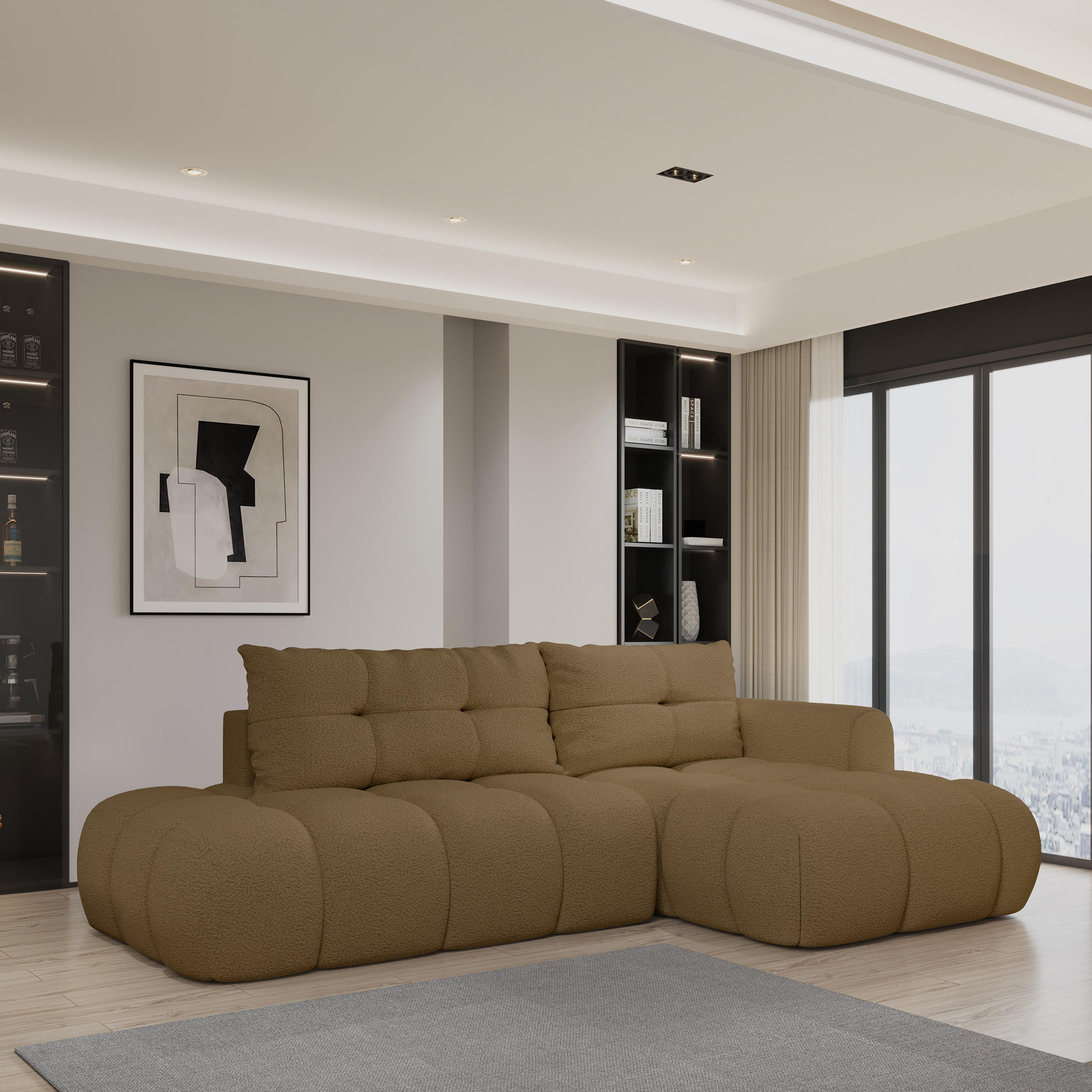 ECKSOFA FLUMA R-S Orange Boucle-Stoff mit Schlaffunktion - Orange, Holz (274/165cm) - MASSENO