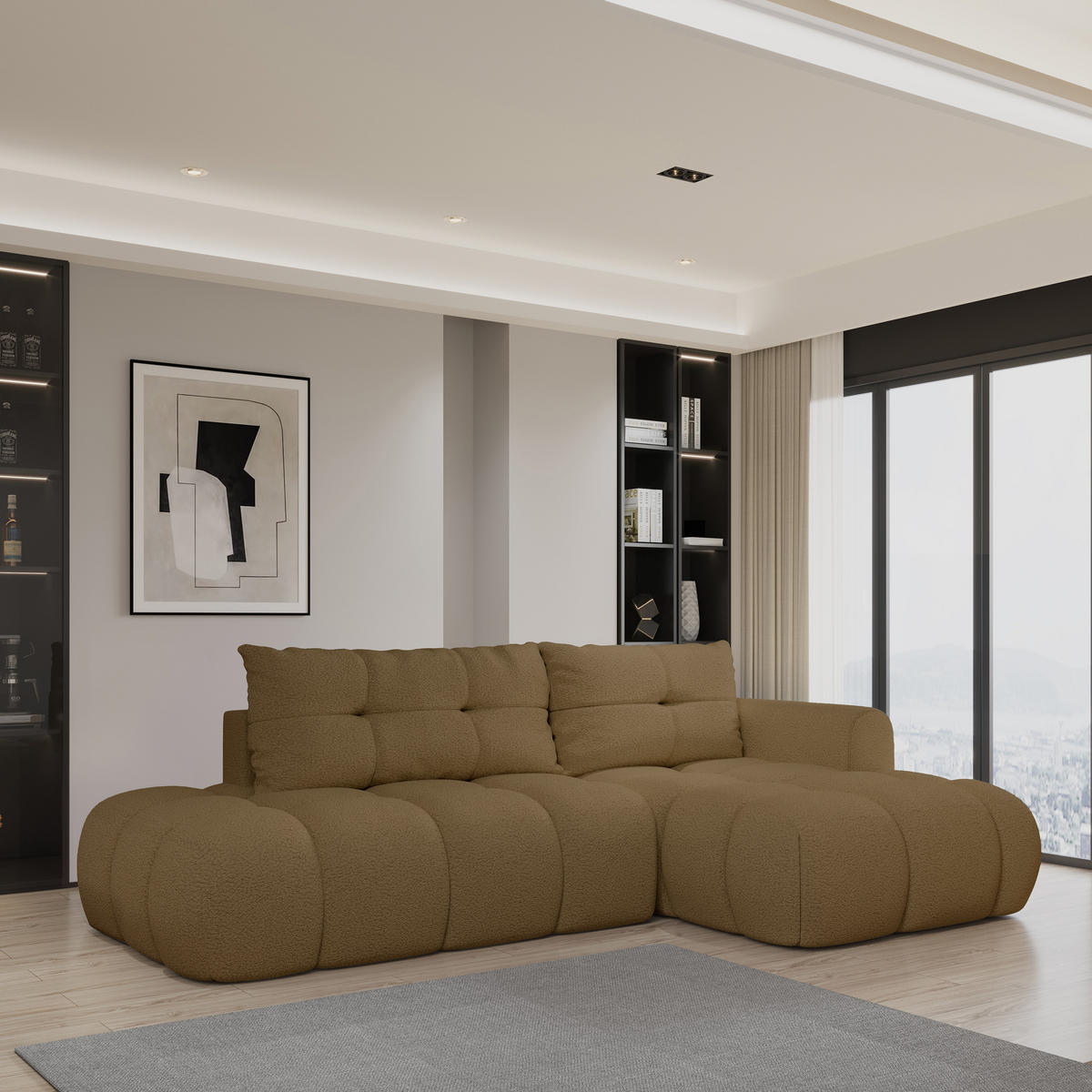 ECKSOFA FLUMA R-S Orange Boucle-Stoff mit Schlaffunktion - Orange, Holz (274/165cm) - MASSENO