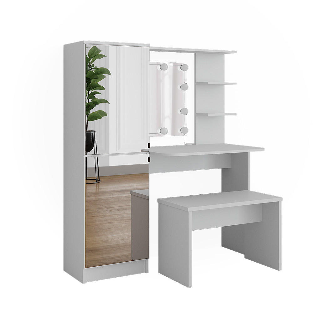 MASĂ DE TOALETĂ Jasmin Alb 123 cm cu iluminare LED și bancă